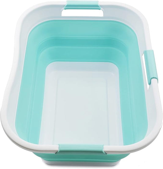 SAMMART 30L (8 gallon) Collapsible Plastic Laundry Basket - Foldable Pop Up Storage Container/Organizer - Portable Washing Tub - Water Capacity 24L(6.3 gallon) (1, White/Lake Green)