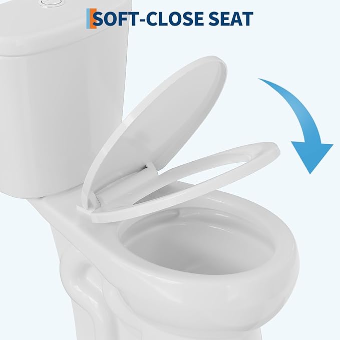 Two Piece Toilet, 19" Round ADA Comfort Height with Upgraded Flushing, Dual Flush Buttons (Top Mounted), Includes Soft-Close Seat & Hardware, White, 12" Rough-in