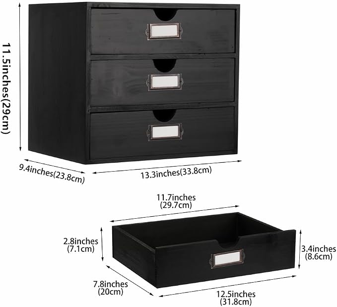 Large Wooden Drawers Wooden Box with Drawer Black | 3 Drawer Storage Box for Apothecary Cabinet, Apothecary Drawers，Desktop Organizer with Metal Handles for Office，Home