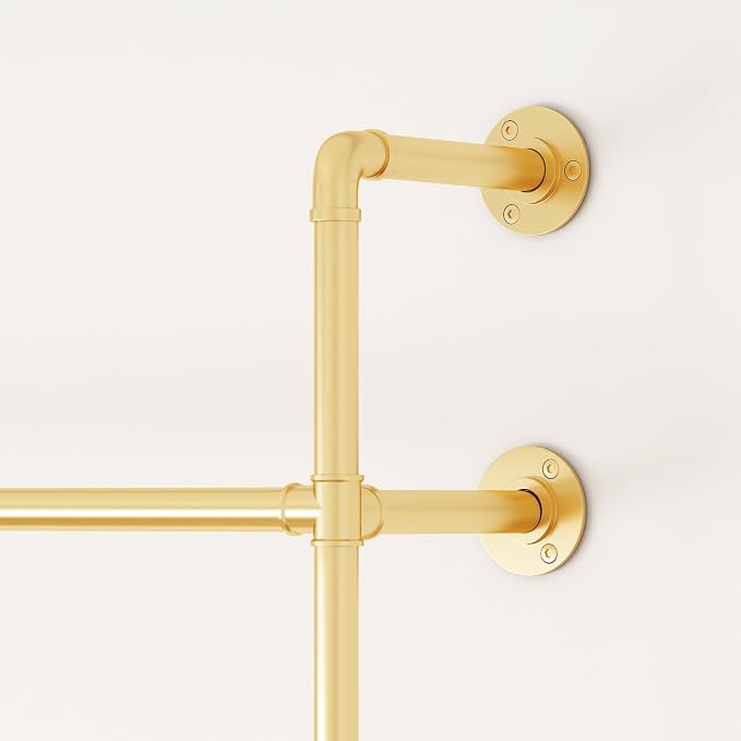 ORSENIGO Industrial Pipe Clothing Rack, Heavy Duty Metal Clothes Rack with Double Rods for Hanging Clothes, Wall Mount Space-Saving Garment Display Rack (Single, Gold)