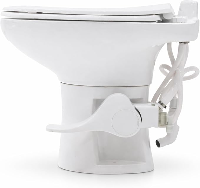 SEAFLO Porcelain RV Toilet with Sprayer Attachment - Elongated Bowl 19” Inch Residential Height, Gravity Flush, Foot Pedal Soft Close Seat Camper Motorhome Easy Install 4 -year Warranty SFRTCH-02-02