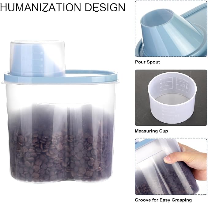2 Pack 2lb/2.5L Pet Food Storage Container with Measuring Cup, Can Covers and Bowl for Small Dog, Cat, Waterproof-BPA Free (Blue 1.8L)