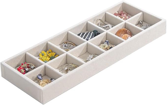 Divided Drawer Organizer Tray, Velvet Jewelry Storage Tray, Necklace Bracelet Ring Earring Display Tray,Bedside Nightstand Desk Holder Tray for Phone Watch Sunglasses Cosmetics Storage/Beige/12grid