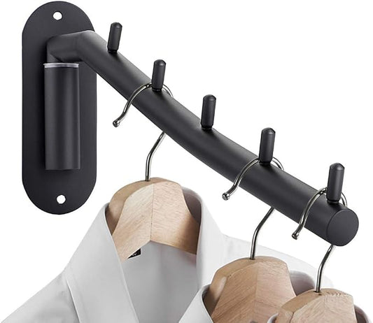 Sumnacon Stainless Steel Clothes Hanger Rack-Wall Mount Garment Hook with Swing Arm, Sturdy Coat Robe Storage Organizer for Laundry Room Bedrooms Clothing Drying Rack with 5 Hooks, Black