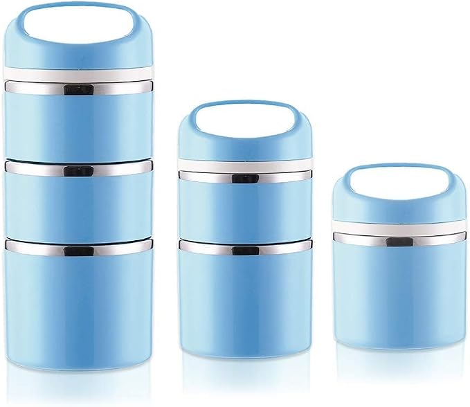Lille Home Stackable Stainless Steel Thermal Compartment Lunch/Snack Box, 3-Tier Insulated Bento/Food Container with Lunch Bag, Utensils Set and Three Extra Seals, 43OZ (Blue with Utensils)
