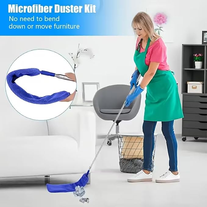 Microfiber Duster, 8PCS Feather Duster with 100 Inch Telescoping Extension Pole, Reusable Bendable Dusters, Washable Lightweight Dusters for High Ceiling, Fan, Blinds, Window, Corners, Blue