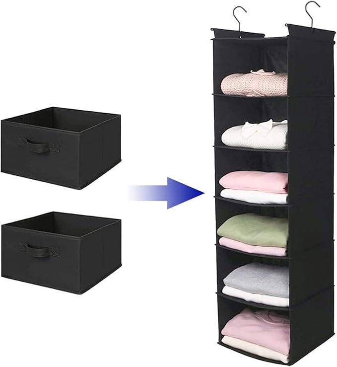 MAX Houser 2 Drawer Hanging Closet Storage Organizer, Black | For Socks, Underwear & Sweaters, Space Saving Vertical Storage for Bedroom Wardrobe, Sturdy Breathable Fabric Construction