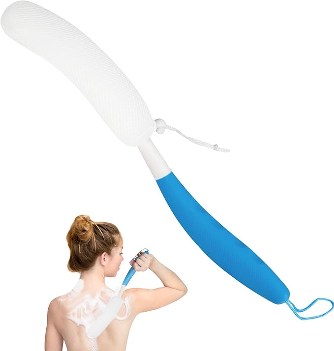 Back Scrubber for Shower, 15.35" Long Handle Shower Brush for Body, Back Brush for Shower for Men Women, Long Handled Bath Sponge for Deep Clean, Exfoliating, Anti-Slip Curve Handled Back Scrubber