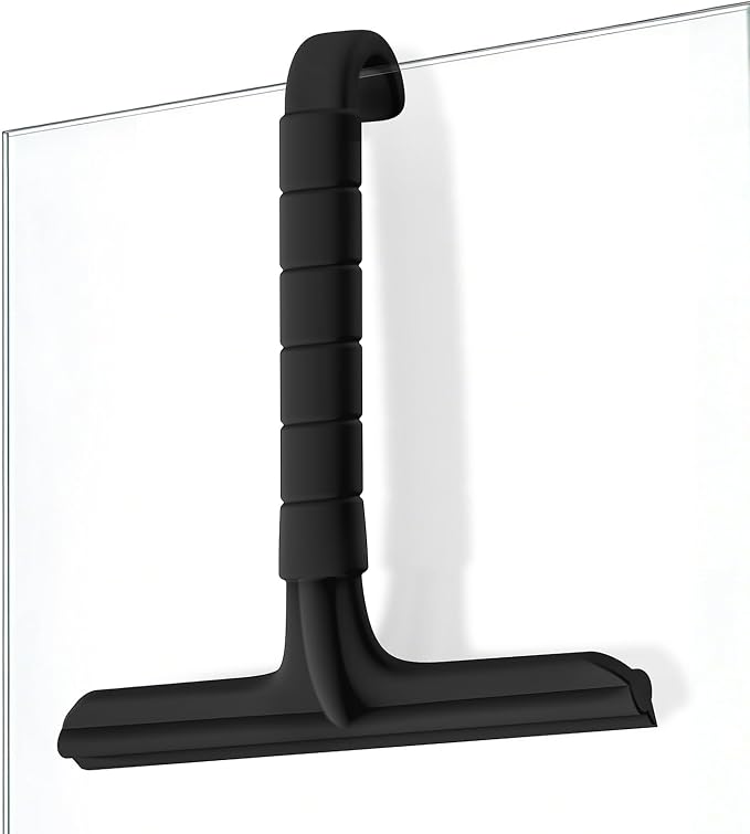Roylvan Silicone Shower Squeegee, All-in-One Shower Squeegee for Glass Doors with Built-in Hook, Household Window Mirror Cleaner for Bathroom Glass Kitchen Tile Wall Car, Black