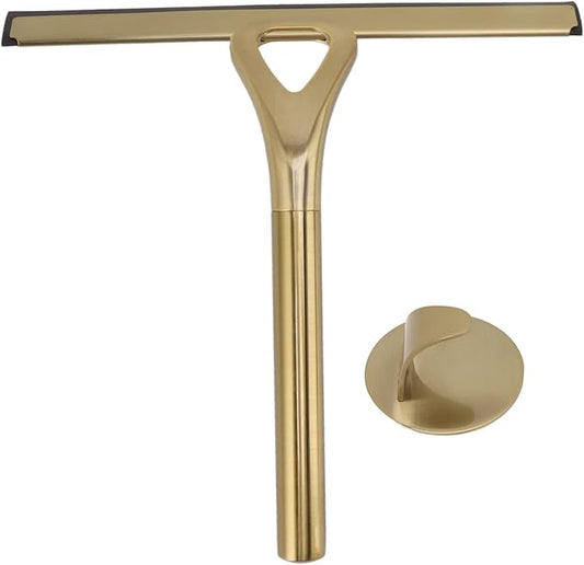 8.9x8.7inch Gold Shower Squeegee Window Squeegee with Hanging Hook | Stainless Steel Glass Wiper Squeegeer Cleaning Tool for Clean Ceramic Tile,Shower Door, Mirror,Window,Car Glass,Table Top