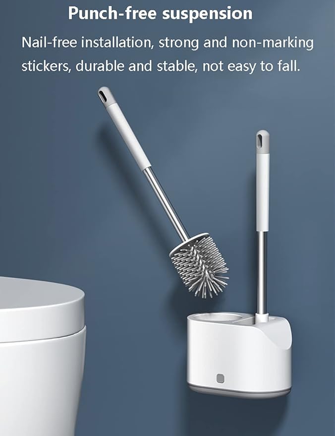 Multifunction Double Brush Toilet Brush Holder, Long Handle Wall-Mounted Toilet Brush Plunger Set, Ventilated Quick-Drying Silicone (Color : Gray, Size : Wall Hanging)