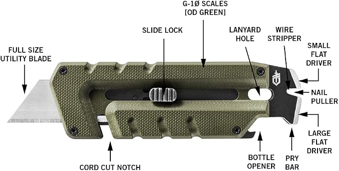 Gerber Prybrid EDC Pocket Knife Multitool 8-in-1 Box Cutter, Green G10 | Retractable box cutter blade, pry bar, G10 handle, pocket clip, everyday carry, compact multitool, durable EDC knife