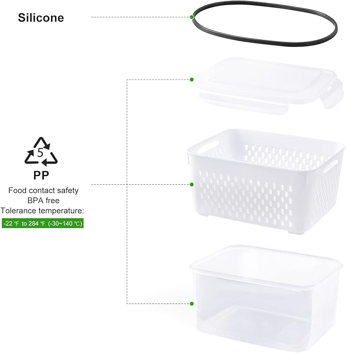 5 PCS Fruit Storage Containers for Fridge, Leakproof Produce Containers | For Fridge with Removable Colander, Microwave/Dishwasher Safe Fruit Washing Bowl Keep Fruits, Vegetables, Berry Fresh longer