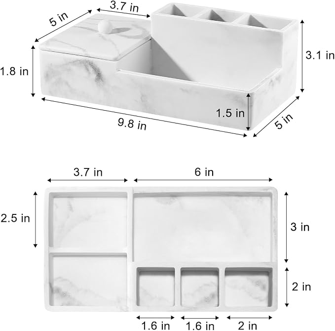 Luxspire Bathroom Counter Organizer with Lid, 6 Slots, Gravel White | Bathroom Vanity Organizer, Bathroom Organizer Countertop for Cotton Ball, Q-Tips, Floss