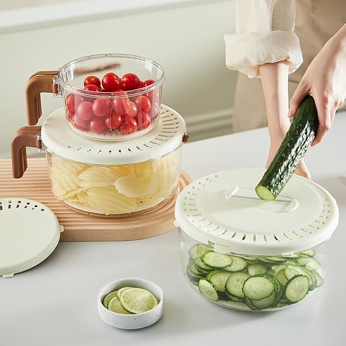 Fruit Washing Bowl with Strainer,Colander for Kitchen,Multi-Functional Vegetable and Food Drainer with Lid And Handle,Portable Fruit Containers for Fridge,BPA Free,2 Set