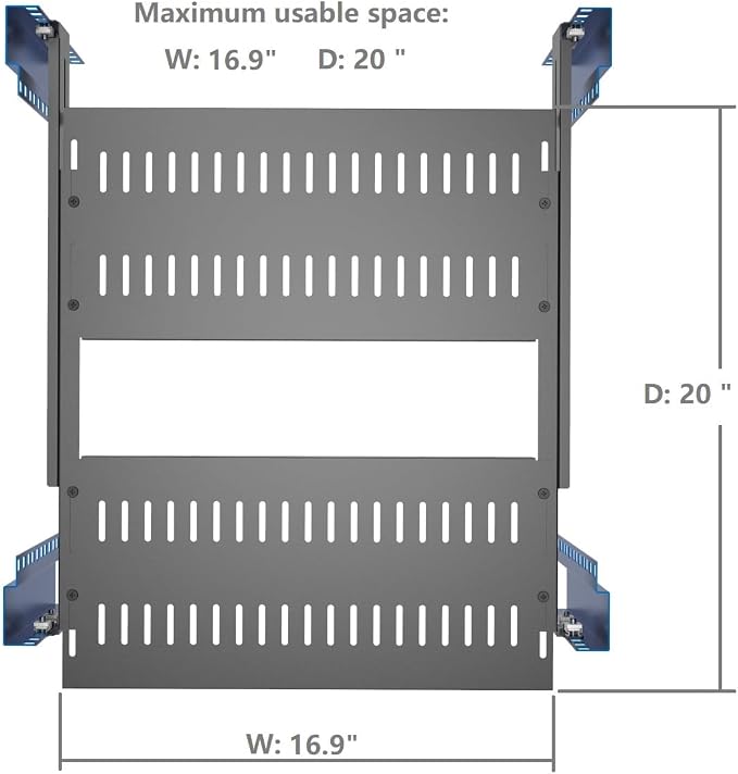 1U Vented 4-Post Adjustable Server Shelf -Mounting 16.5-29" D | Universal Tray Adjustable Mounting Depth for 19 Inch Network Equipment Server Rack or Cabinet , Black
