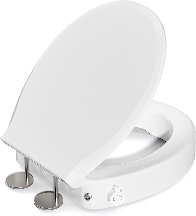 BIGCOW Raised Toilet Seat with Bidet - Round, Soft Close, 3" Height - Dual Nozzle (Frontal & Rear Wash) with Adjustable Cold Water Pressure and Stainless Steel Inlet (Round)