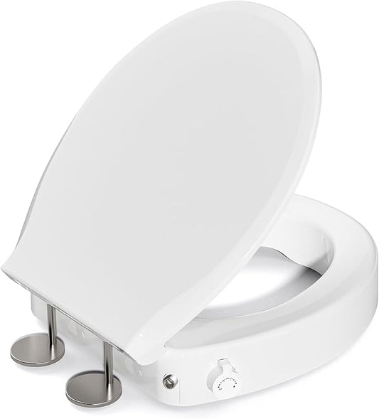 BIGCOW Raised Toilet Seat with Bidet - Round, Soft Close, 3" Height - Dual Nozzle (Frontal & Rear Wash) with Adjustable Cold Water Pressure and Stainless Steel Inlet (Round)