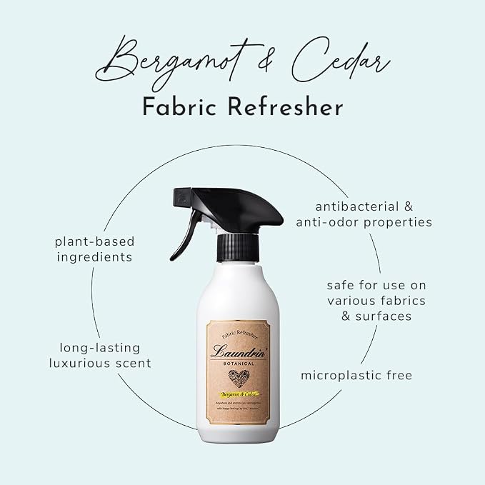 Laundrin Botanical Fabric Mist - Bergamot & Cedar, 300ml Deodorizing | Pet odor eliminator for home, room essentials fabric spray, odor removal for mattress, curtain, sofa, carpet