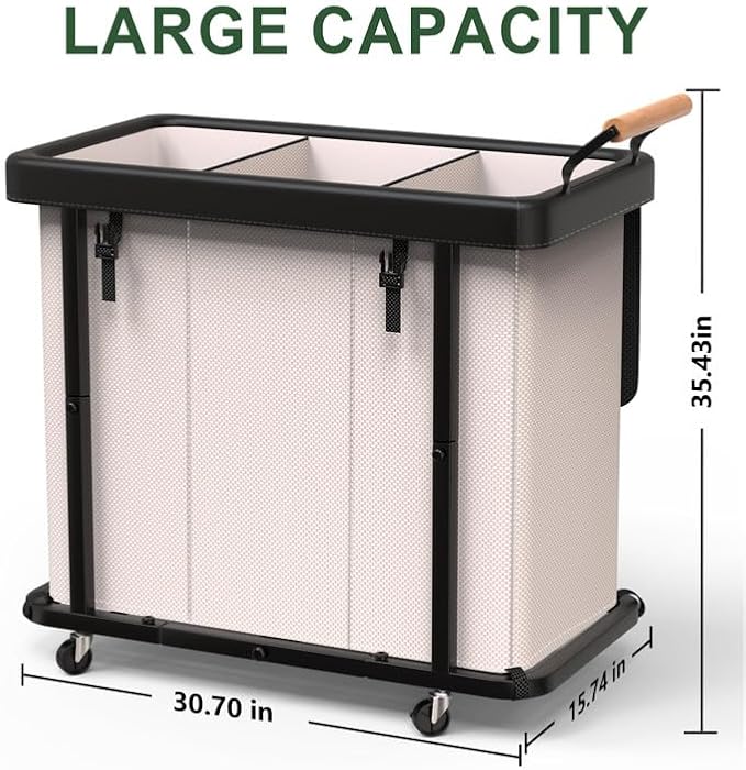 Laundry Hamper 3 Section with Lid,230L Rolling Dirty Clothes Hamper White | Laundry Basket with Wheels,Laundry Organizer Storage Cart with Sturdy Metal Frame and Wooden Handle for Laundry Room, Hotel