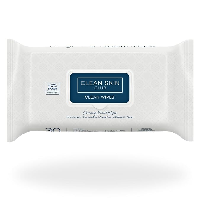 Clean Skin Club Clean Wipes, XL Makeup Remover Face Wipes, Textured Cleansing Facial Wipes for Sensitive Skin, Hypoallergenic, Fragrance-Free, Vegan, 40% Bigger, 30 Count