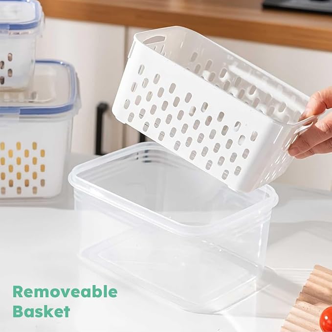 2 Pack Fruit Storage Containers for Fridge,Leakproof Food Storage Containers with Removable Colanders and Lid Produce Containers Keep Fruits Vegetables Berry and Meat Fresh longer(Clear White)
