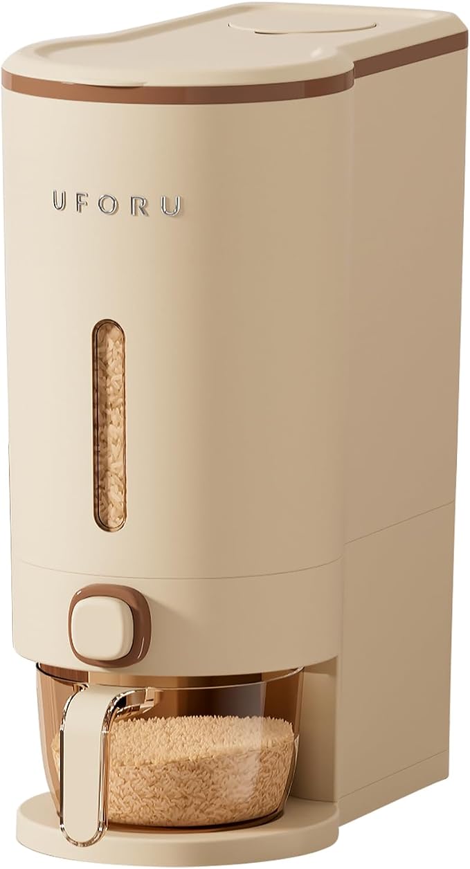 UFORU Rice Dispenser,23-25Lb Rice Storage Container with Measuring Cup for Kitchen Pantry Household, Cereal Dry Food Storage Containers Airtight, Sealed Moisture Proof (Brown)