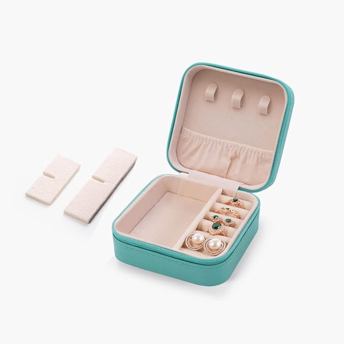 ZPROW Travel Jewelry Case, Mini Portable Jewelry Travel Boxes, Small Jewelry Organizer for Rings, Earrings, Pendants, Watches, Necklaces, Lipsticks Organizer Storage Holder Case (Cyan Blue)