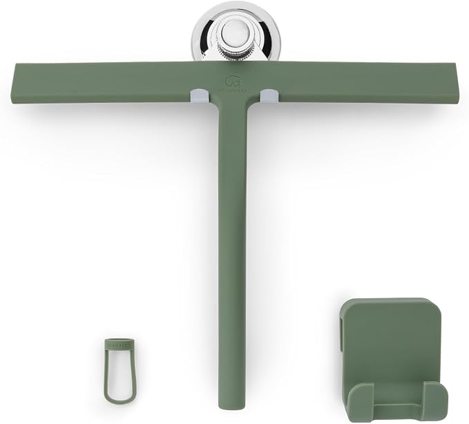 GÜTEWERK Silicone Shower Squeegee for Glass Doors & Mirrors with Stainless Steel Core, Streak-Free & No-Squeak Window Cleaning, 3-in-1 No-Drill Mount (Hook/Suction/Adhesive),Green, 11 Inches