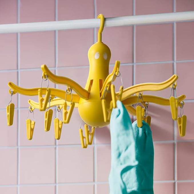 PRESSA Hanging Dryer 16 Clothes Clips Octopus Laundry Dryer Foldable Hanging Drying Rack 8 Claw Peg Hanger Space Saving Indoor Outdoor Clothes Airer (Yellow)