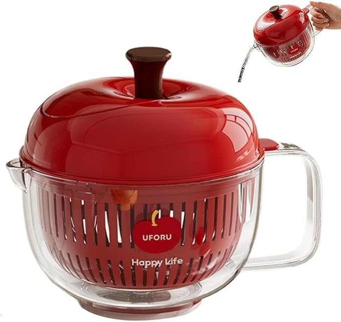 Apple Shaped Salad Spinner Double Layer Vegetable Dryer Washer, High Speed Hand Crank Colander with Lid, Detachable Drain Basket for Kitchen Prep Accessories For Home, Camping, Picnic