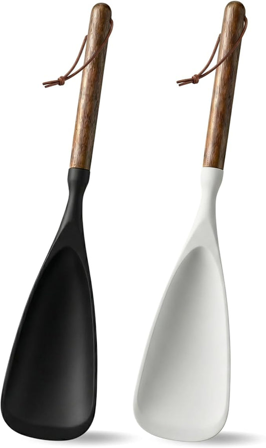 Silicone Spatula Cooking Spoon 2 Pcs with Wood Handle Great for Cooking and Serving Sturdy BPA-Free Matte Silicone Suitable for Mixing and Scrape (Black&White)