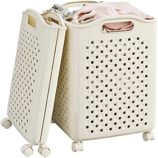57L Collapsible Laundry Basket with Wheels, Laundry Basket Collapsible, Foldable Laundry Baskets with Handles, Dirty Clothes Hamper for Dorm, Bedroom and Bathroom (Cream White)