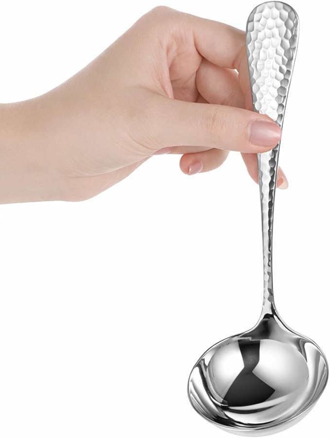 7.3 Inch Silver Small Ladle, Stainless Steel Gravy Soup Spoon, Hammered Gravy Ladle, Sauce Ladles, Cooking Ladles for Serving Soup, Sauces, Gravies