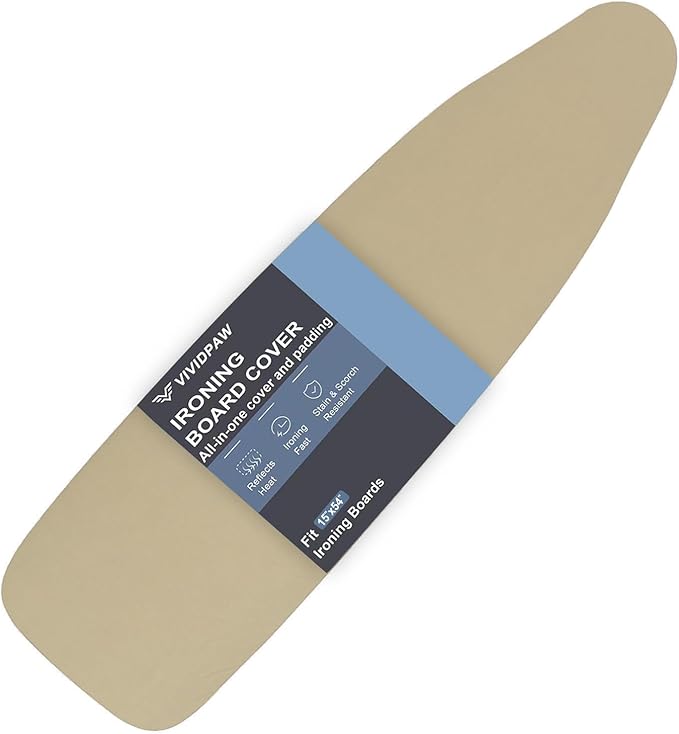 VividPaw Ironing Board Cover and Pad, Standard Size 15x54, Thick Padding, Elastic Edge, Silicone Coated, Adjustable Fastener, Heavy Duty Padded Iron Board Covers (Sandy Beige, 15" x 54")