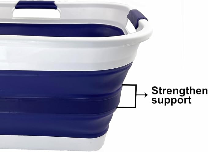 SAMMART 30L (8 gallons) Collapsible Plastic Laundry Washing Tub/Basket-Portable Pop Up Storage Container/Organizer-Foldable Laundry Hamper-Space Saving (1, White/Navy Blue)