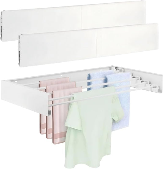 Wall Mounted Laundry Drying Rack, 2 PCS Carbon Steel Foldable & Retractable Clothes Drying Rack, Space Saving Adjustable Towel Holder for Bathroom, Laundry, Small Spaces (2PCS, White, 31.5")
