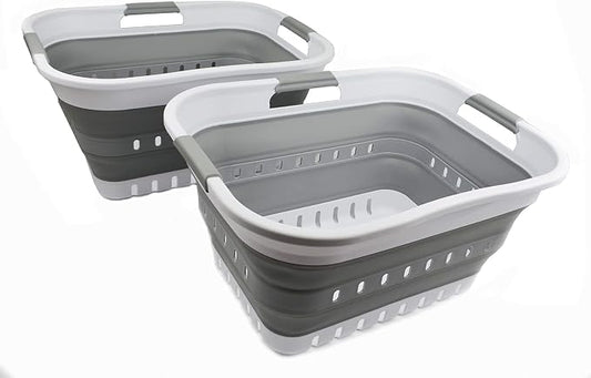 SAMMART Set of 2-30L (8 gallon) Collapsible Plastic Laundry Basket - Foldable Pop Up Storage Container/Organizer - Space Saving Hamper/Basket (2, White/Grey)