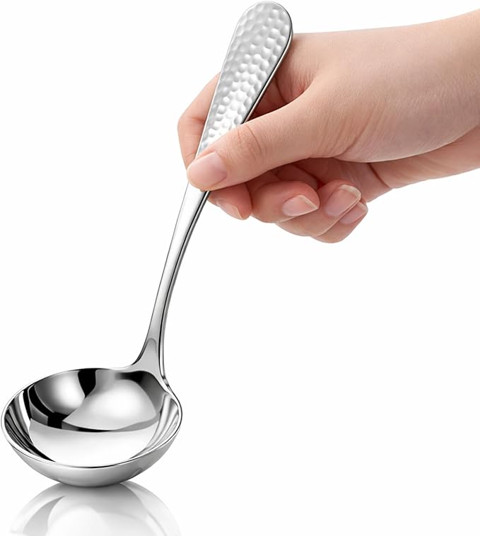 7.09 Inch Small Ladle Premium Stainless Steel Hammered Gravy Ladle Rustproof Kitchen Utensil for Serving Soup Sauces Gravies Chili Stew and More Elegance Functionality (Silver)