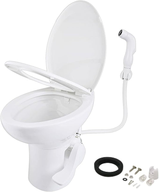 SEAFLO Porcelain RV Toilet with Sprayer Attachment - Elongated Bowl 19” Inch Residential Height, Gravity Flush, Foot Pedal Soft Close Seat Camper Motorhome Easy Install 4 -year Warranty SFRTCH-02-02