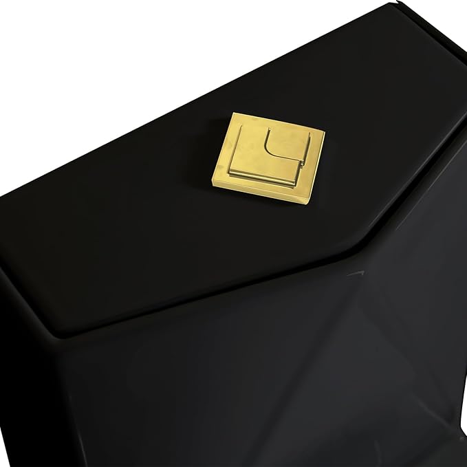 WinZo Square One Piece Toilet Black With Gold Button For Modern Bathroom,Diamond-shaped Sleek Design Elonagted Rectangle 17" Comfort Bowl,Glossy Black