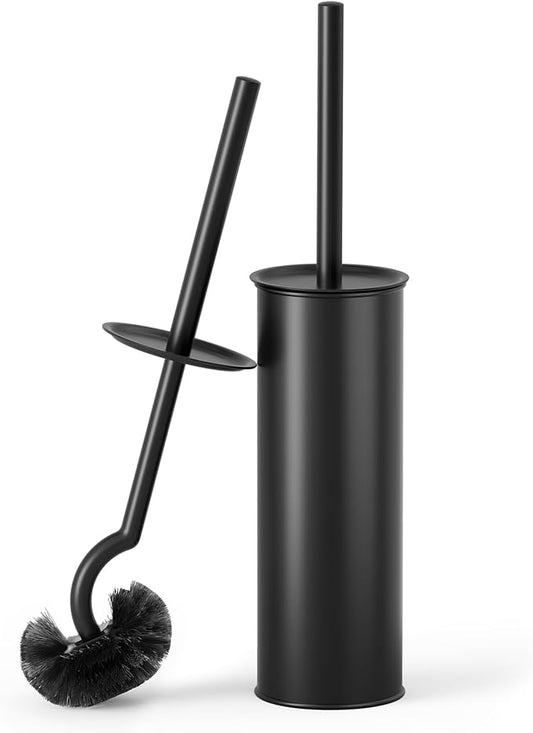 Cesun Toilet Brush and Holder Set with 2 Brush Heads, Curved Toilet Bowl Brush for Under Rim Cleaning, 304 Stainless Steel Holder, Long Handle Toilet Scrubber, Black