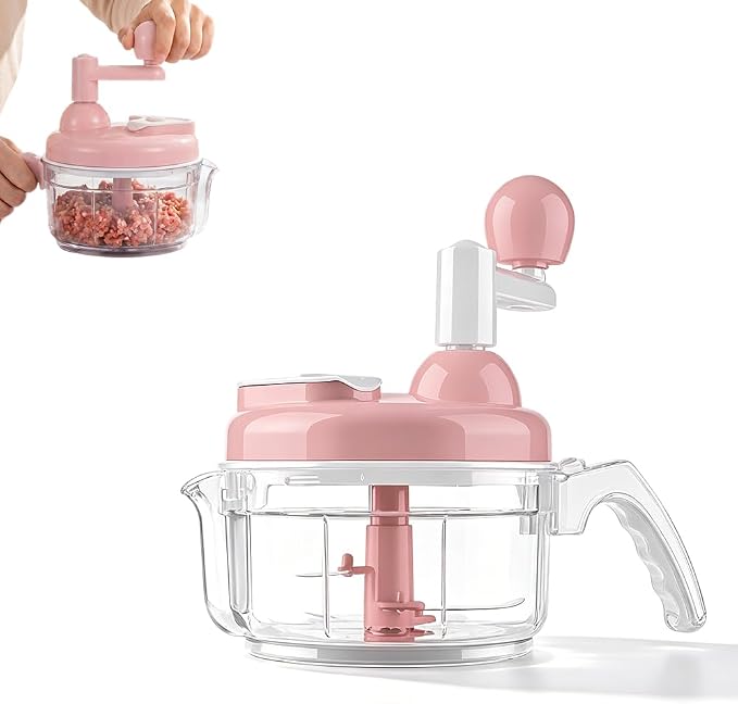 Hand Food Chopper, Manual Vegetable Chopper with Stainless Steel Blades, Rotation Onion Chopper for Garlic, Salad, Salsa, Nuts, Meat, Easy to Clean Food Dicer & Mincer (Pink)