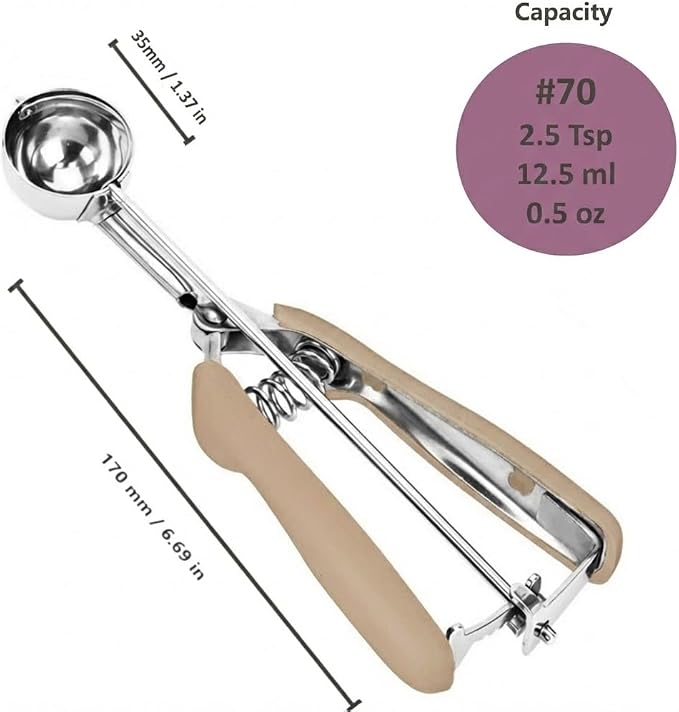 18/8 Stainless Steel Cookie Scoop, Cookie Scoops for Baking, 0.8Tbsp/2.5tsp/12.5ml/0.5oz Cookie Dough Scoop, Cookie Scooper for Baking (#70 Brown)