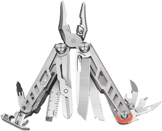 23-in-1 Multitool Pliers with Scissors,Wire Cutters,Window Breaker,Flint,Saw Screwdrivers,Bottle Opener,Carrying Pouch,High-carbon Steel Multi Tool for Camping Survival and Gift (Grey and Silver