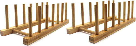 Bamboo Wooden Plate Racks Dish display Holder Kitchen Storage, Pack of 2 | Cabinet Organizer for Dish / Plate / Bowl / Cup / Pot Lid / Cutting Board/ Book (vertical)