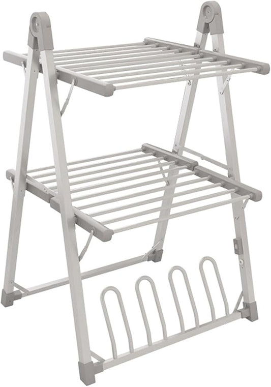 Heated Electric Clothes Dryer 2 Tier Adjustable Airer, Aluminium Foldable Drying Rack, Energy Efficient Indoor Garment & Shoe Dryer