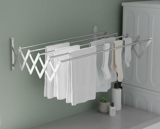 Laundry Drying Rack Wall Mount - Towel Rack Collapsible, Retractable Drying Rack Easy Install Space Saving with 5 Drying Rods