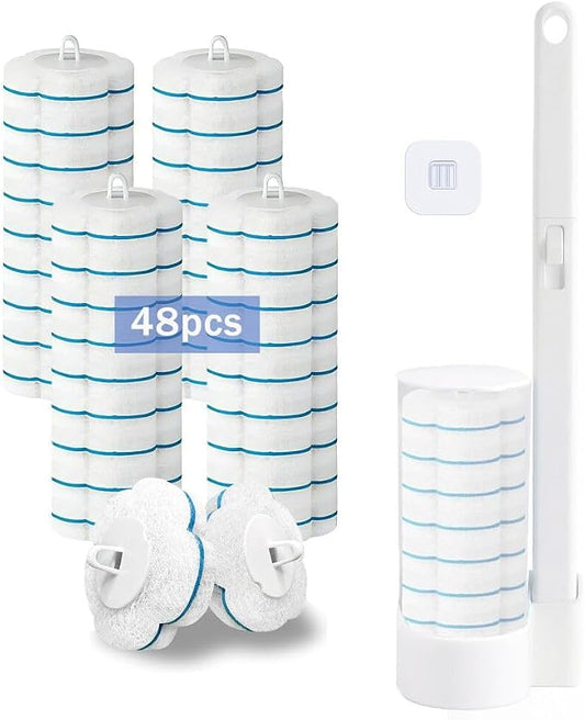 48 Count Refill Heads Disposable Toilet Brush Kit with Holder,Deep Cleaning Wand for Rim,Corner & Pipe,Wall Mount Storage Caddy,Limescale & Rust Remover