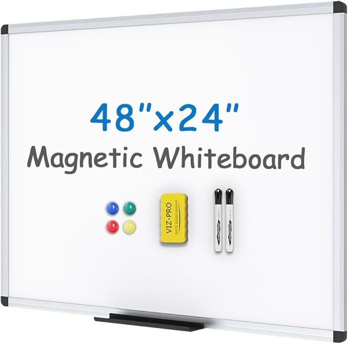 VIZ-PRO Magnetic Whiteboard, 48 x 24 Inches, Dry Erase Board for Wall | Includes 1 Eraser, 2 Markers & 4 Magnets, Aluminum Frame, for School Office and Home